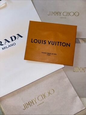 Jimmy Choo Pale Pink and Gold Shopping Bags with Louis Vuitton Orange Box